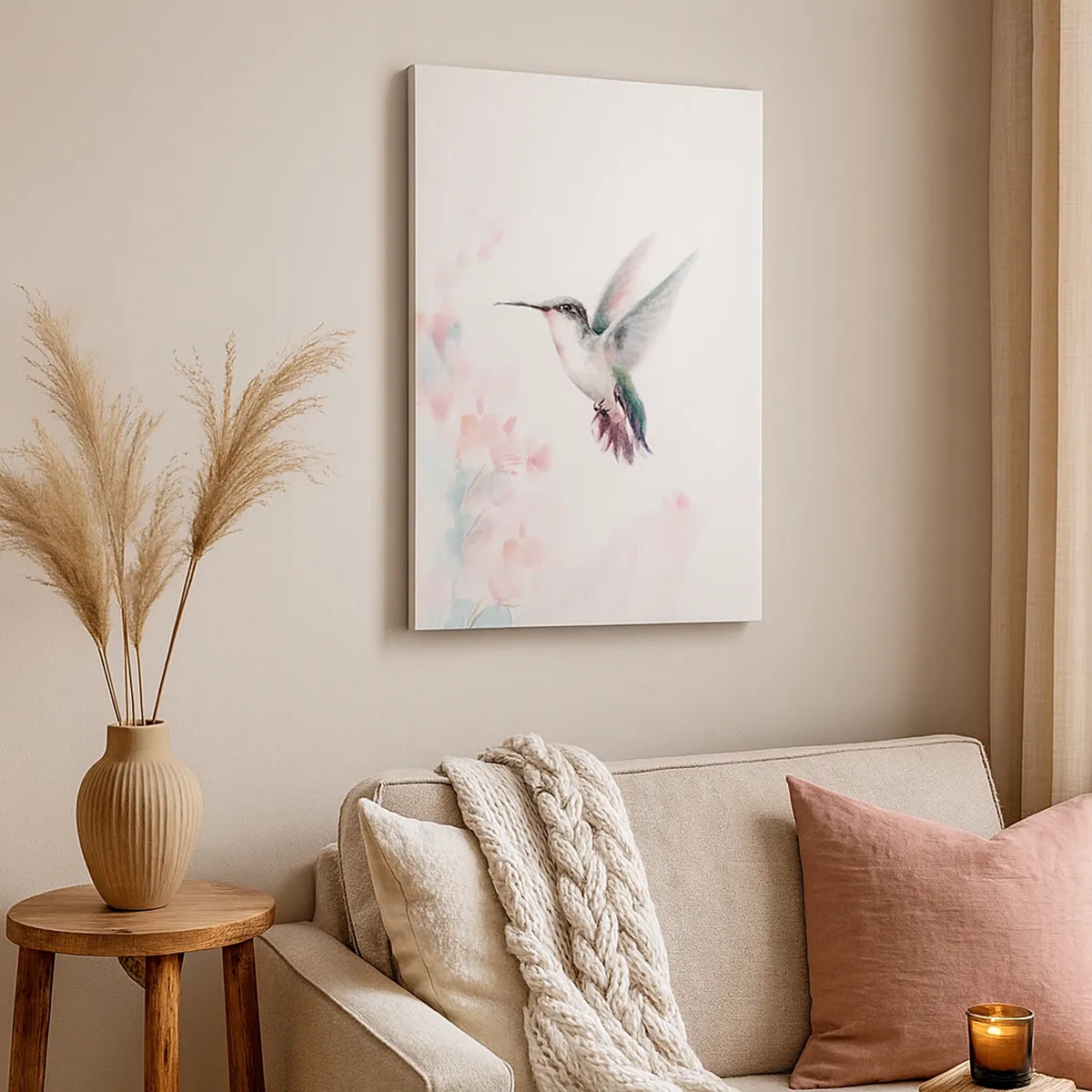 Bild auf Leinwand - Leinwandbild - Ein Kolibri in zarten Pastellfarben vor einem Hintergrund aus Blumen - 50x70cm - Im Flattern gehalten - Moderne Wanddekoration für Wohnzimmer und Schlafzimmer ARTTOR