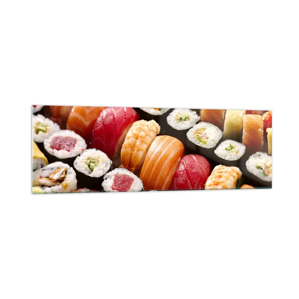 Glasbild - Bild auf glas - Buntes Sushi in Reihen angeordnet mit verschiedenen Toppings - 160x50cm - Farben und Aromen Asiens - Moderne Wanddekoration für Wohnzimmer und Schlafzimmer ARTTOR