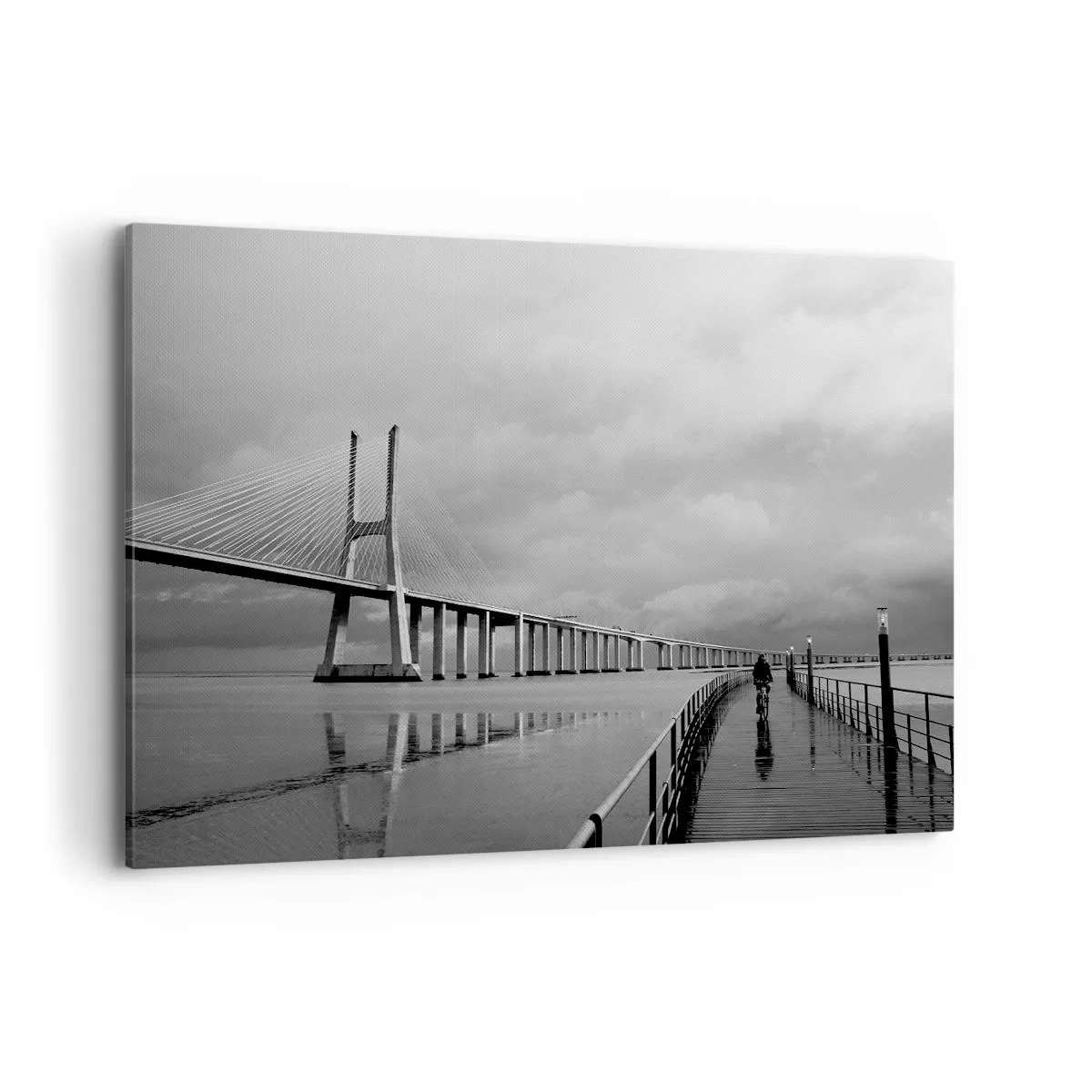 Bild auf Leinwand - Leinwandbild - Eine Hängebrücke über dem Wasser in Schwarz und Weiß - 120x80cm - Jedem das Verdiente - Moderne Wanddekoration für Wohnzimmer und Schlafzimmer ARTTOR
