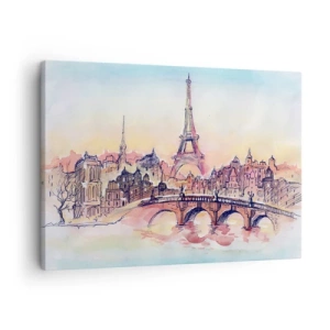 Bild auf Leinwand - Leinwandbild - Aquarellpanorama von Paris mit dem Eiffelturm bei Sonnenuntergang - 70x50cm - Die einzige Stadt dieser Art auf der Welt - Moderne Wanddekoration für Wohnzimmer und Schlafzimmer ARTTOR