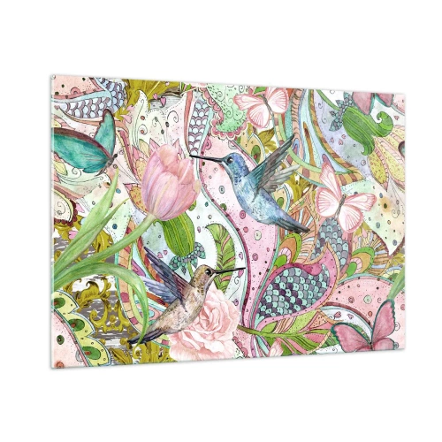 Glasbild - Bild auf glas - Bunte Kolibris zwischen Blumen und Schmetterlingen - 100x70cm - Verstrickt in Weinreben - Moderne Wanddekoration für Wohnzimmer und Schlafzimmer ARTTOR