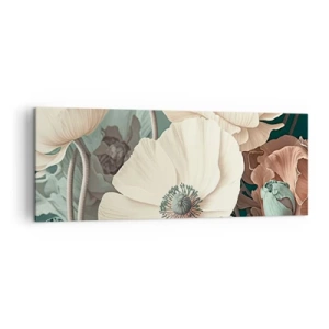 Bild auf Leinwand - Leinwandbild - Elegante Blumen in Pastelltönen auf grünem Hintergrund - 140x50cm - Flüstern von Mohnblumen - Moderne Wanddekoration für Wohnzimmer und Schlafzimmer ARTTOR