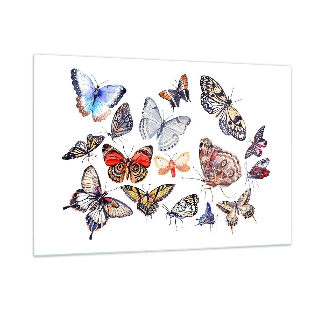 Glasbild - Bild auf glas - Bunte Schmetterlinge in einer künstlerischen Komposition - 120x80cm - Spitzen, bunter Schwarm - Moderne Wanddekoration für Wohnzimmer und Schlafzimmer ARTTOR