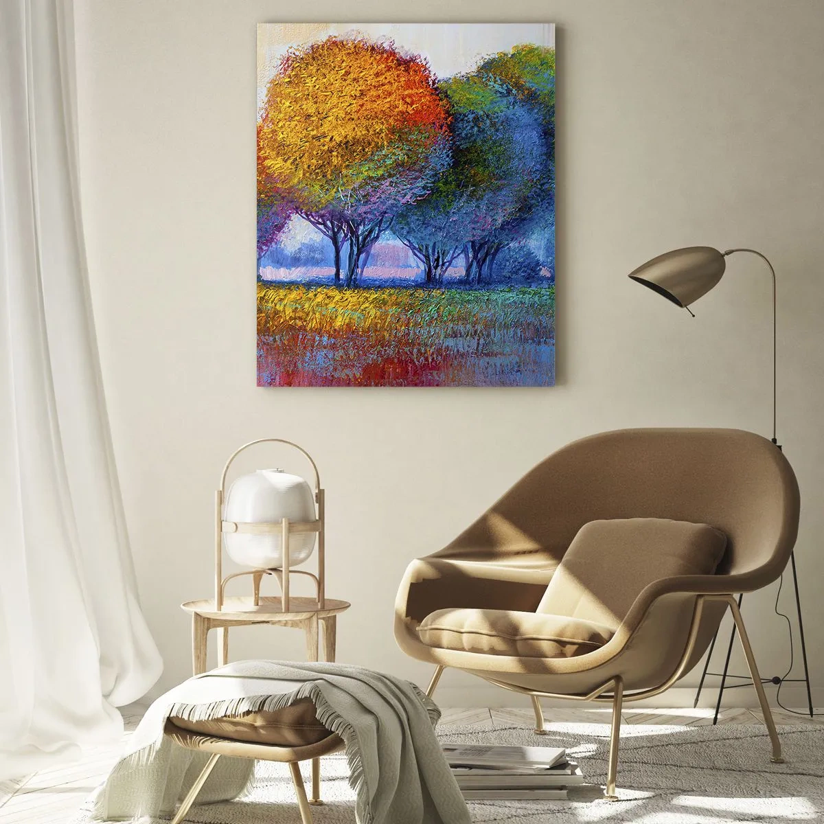 Glasbild - Bild auf glas - Bunte Bäume in einer impressionistischen Landschaft - 70x100cm - Ein Haufen leuchtender Farben - Moderne Wanddekoration für Wohnzimmer und Schlafzimmer ARTTOR