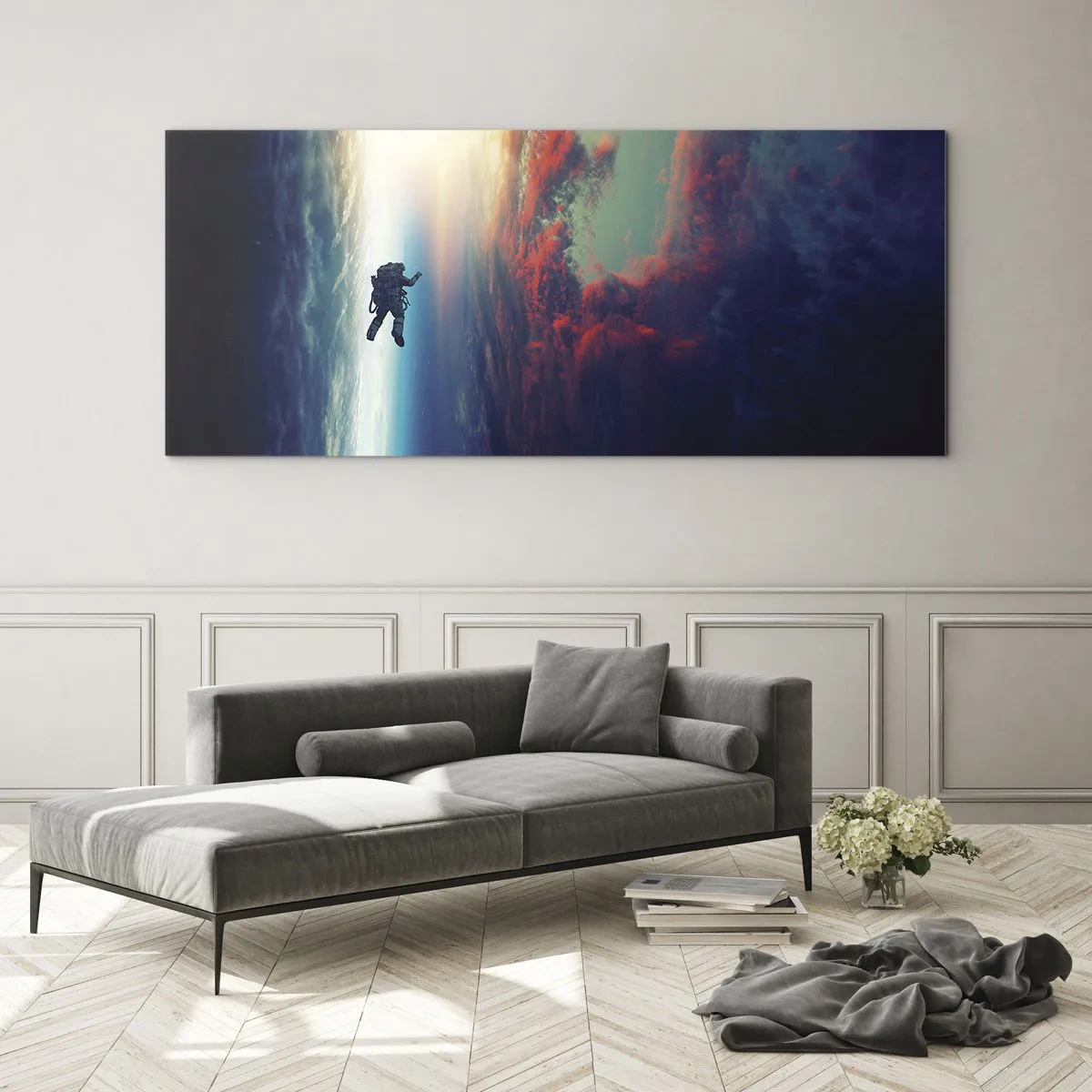 Glasbild - Bild auf glas - Ein Astronaut schwebt im Weltraum über einer bunten Erde - 140x50cm - Sich dem Universum stellen - Moderne Wanddekoration für Wohnzimmer und Schlafzimmer ARTTOR