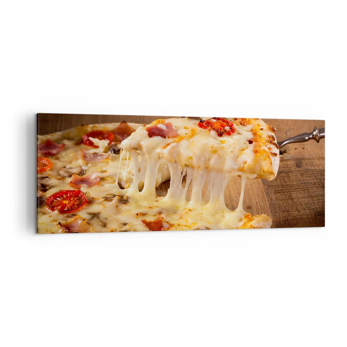 Bild auf Leinwand - Leinwandbild - Pizza mit faserigem Käse - 140x50cm - Ein Meisterwerk der italienischen Kunst - Moderne Wanddekoration für Wohnzimmer und Schlafzimmer ARTTOR