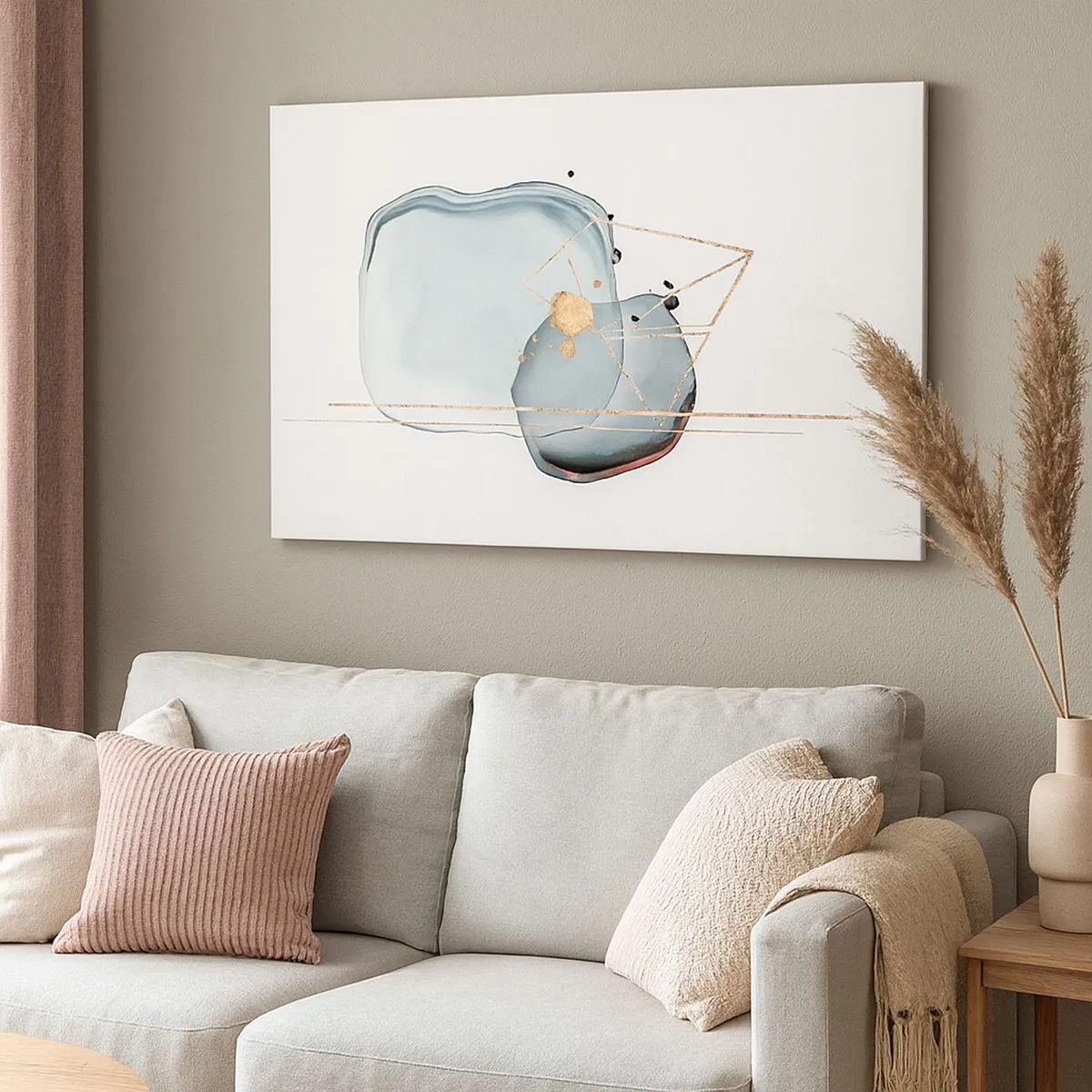 Bild auf Leinwand - Leinwandbild - Abstrakte Formen in Blau- und Goldtönen auf weißem Hintergrund - 70x50cm - Eine Studie über Tropfen - Moderne Wanddekoration für Wohnzimmer und Schlafzimmer ARTTOR