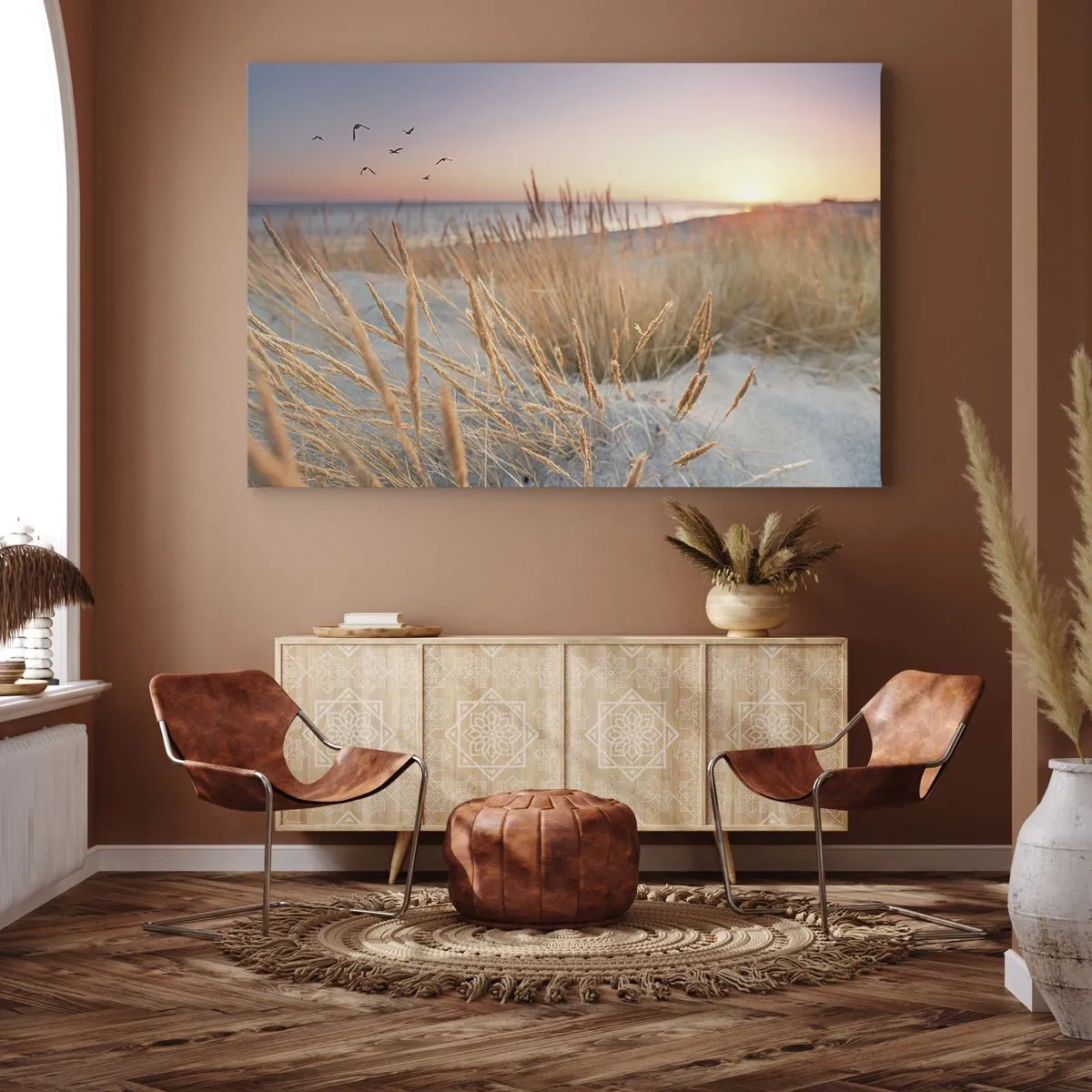 Bild auf Leinwand - Leinwandbild - Sonnenuntergangsstrand mit hohem Gras - 120x80cm - Das baltische Wiegenlied - Moderne Wanddekoration für Wohnzimmer und Schlafzimmer ARTTOR