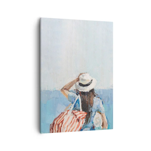 Bild auf Leinwand - Leinwandbild - Eine Frau mit Hut vor dem blauen Meer - 50x70cm - Willkommen in den Sommerferien - Moderne Wanddekoration für Wohnzimmer und Schlafzimmer ARTTOR