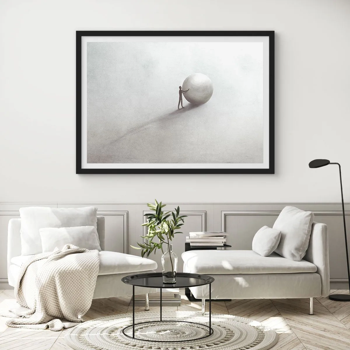 Poster in einem schwarzem Rahmen - Eine minimalistische Figur mit einem Ball auf einem hellen, monochromen Hintergrund. - 70x50cm - Das Spiel des Lebens - Moderne Wanddekoration für Wohnzimmer und Schlafzimmer ARTTOR
