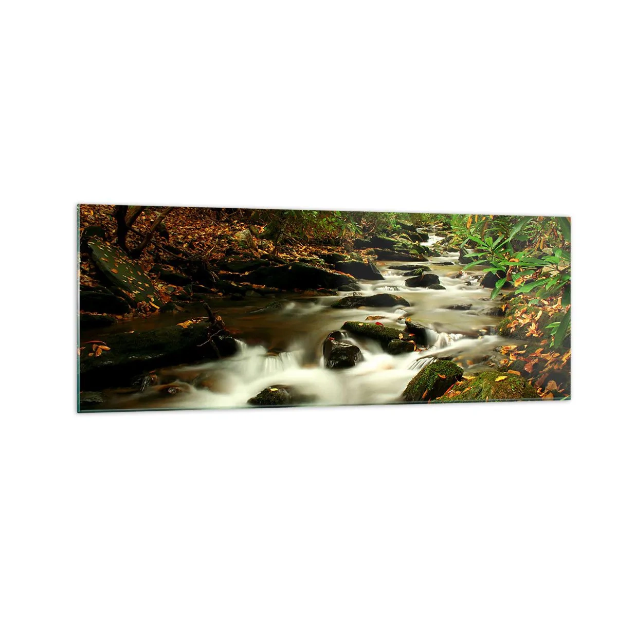 Glasbild - Bild auf glas - Ein Waldbach, der zwischen Steinen fließt, umgeben von Grün - 140x50cm - Wie flüssiges Silber - Moderne Wanddekoration für Wohnzimmer und Schlafzimmer ARTTOR
