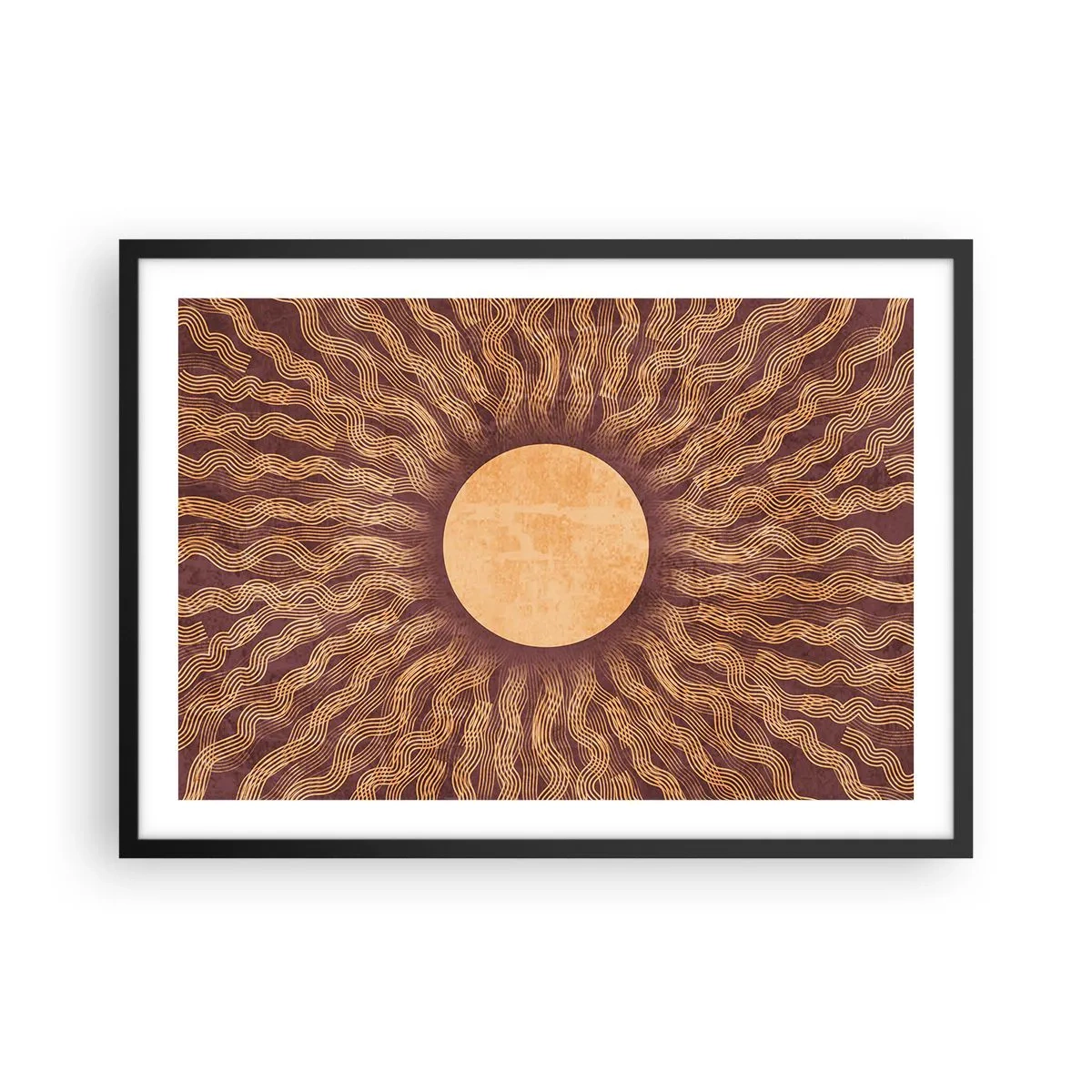 Poster in einem schwarzem Rahmen - Sonniges Muster mit Strahlen auf einem Hintergrund in Brauntönen - 70x50cm - Sonnensymbol - Moderne Wanddekoration für Wohnzimmer und Schlafzimmer ARTTOR
