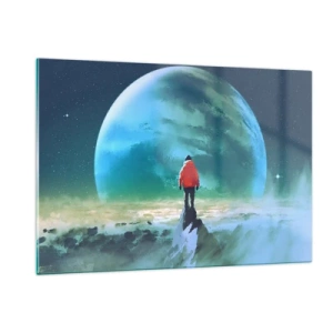 Glasbild - Bild auf glas - Eine Figur in einer roten Jacke vor dem Hintergrund eines riesigen Planeten und Sternen - 120x80cm - Entdecker des neuen Landes - Moderne Wanddekoration für Wohnzimmer und Schlafzimmer ARTTOR
