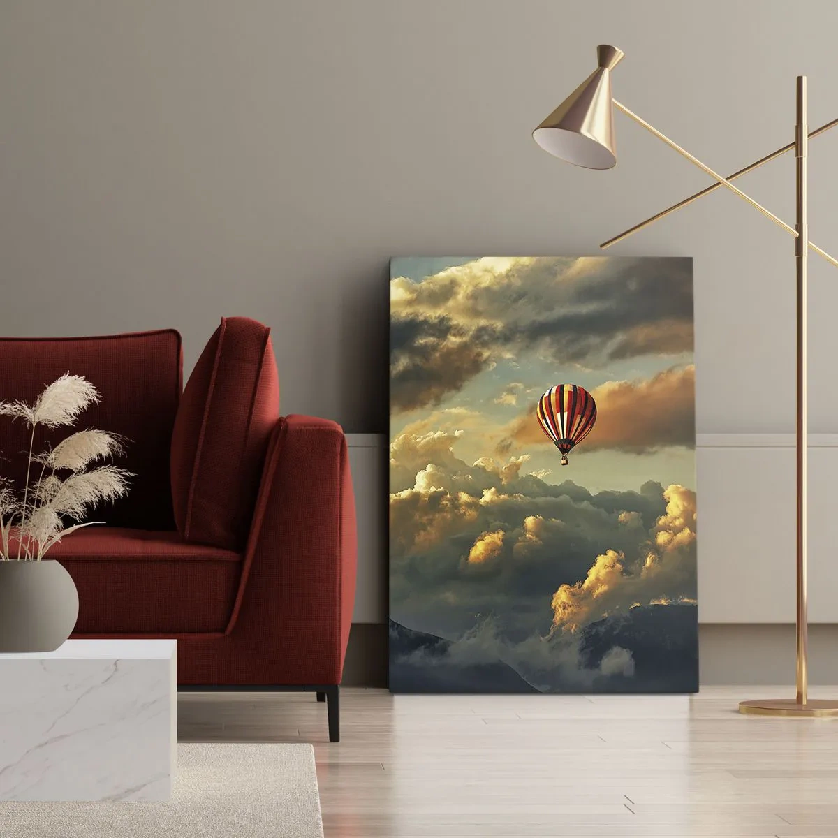 Bild auf Leinwand - Leinwandbild - Ein Ballon vor dem Hintergrund dramatischer Wolken - 70x100cm - Ich fliege, weil ich es will - Moderne Wanddekoration für Wohnzimmer und Schlafzimmer ARTTOR