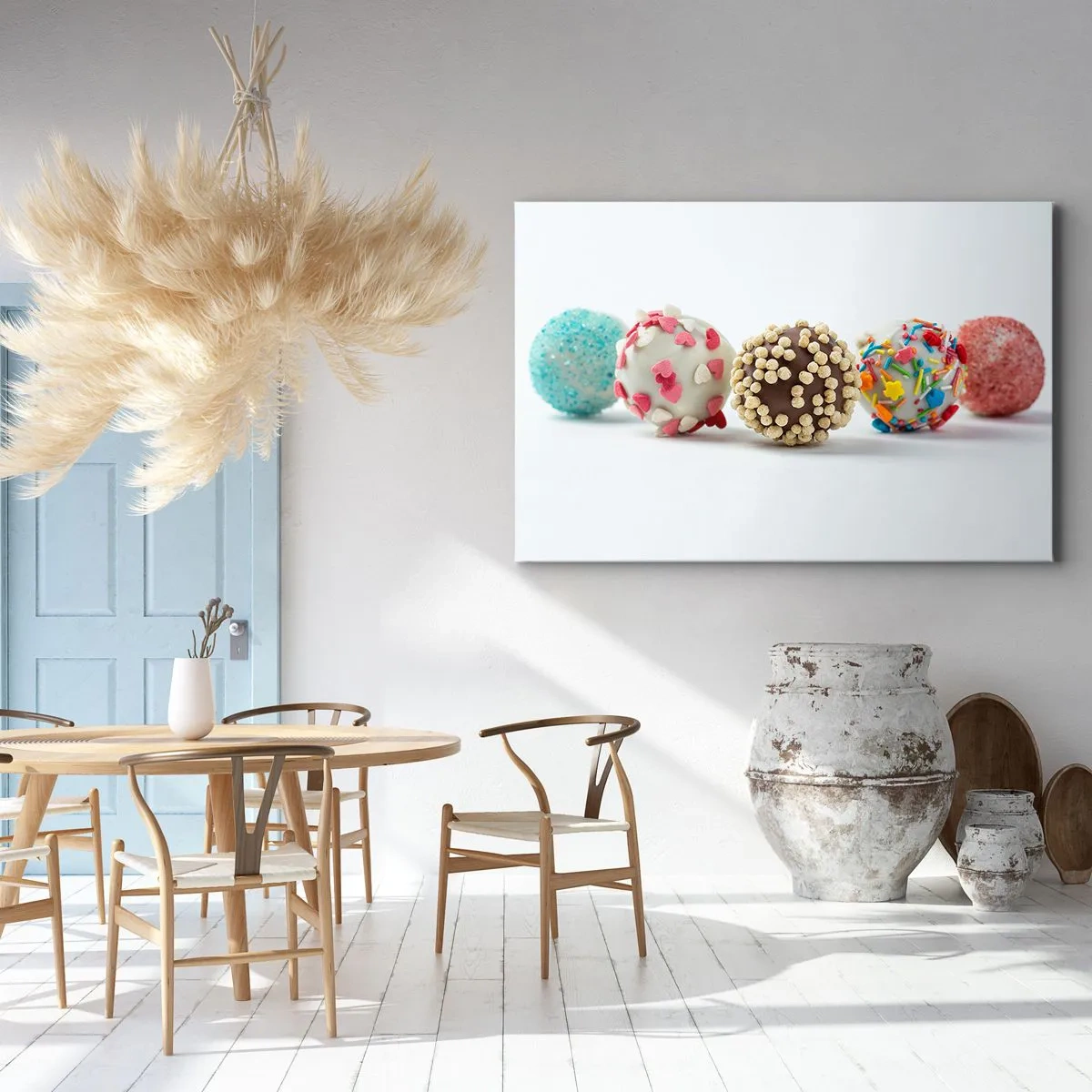 Bild auf Leinwand - Leinwandbild - Bunte Pralinen mit Dekorationen auf weißem Hintergrund - 70x50cm - Das Leben kann süß sein - Moderne Wanddekoration für Wohnzimmer und Schlafzimmer ARTTOR