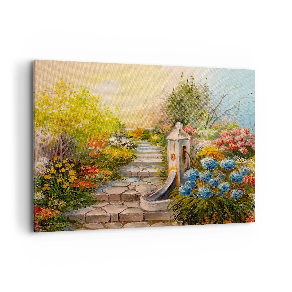 Bild auf Leinwand - Leinwandbild - Ein malerischer Garten mit einem Brunnen und bunten Blumen - 100x70cm - In voller Blüte - Moderne Wanddekoration für Wohnzimmer und Schlafzimmer ARTTOR