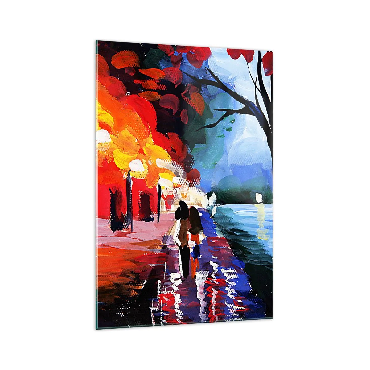 Glasbild - Bild auf glas - Ein Herbstspaziergang entlang des Weges mit Blick auf das Wasser - 70x100cm - Strahlender Herbst im Park - Moderne Wanddekoration für Wohnzimmer und Schlafzimmer ARTTOR