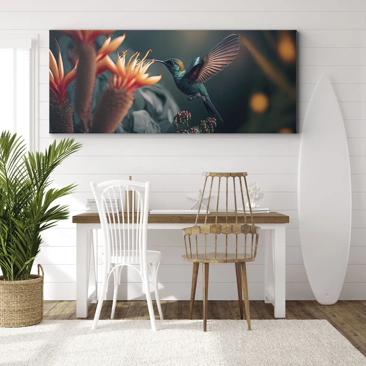 Bild auf Leinwand - Leinwandbild - Ein bunter Kolibri neben Blumen vor einem natürlichen Hintergrund - 160x50cm - Wirklich buntes Leben - Moderne Wanddekoration für Wohnzimmer und Schlafzimmer ARTTOR