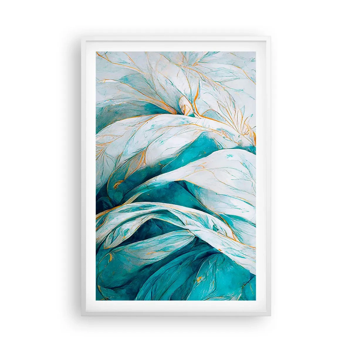 Poster in einem weißen Rahmen - Blaue Abstraktion mit goldenem Motiv - 61x91 cm