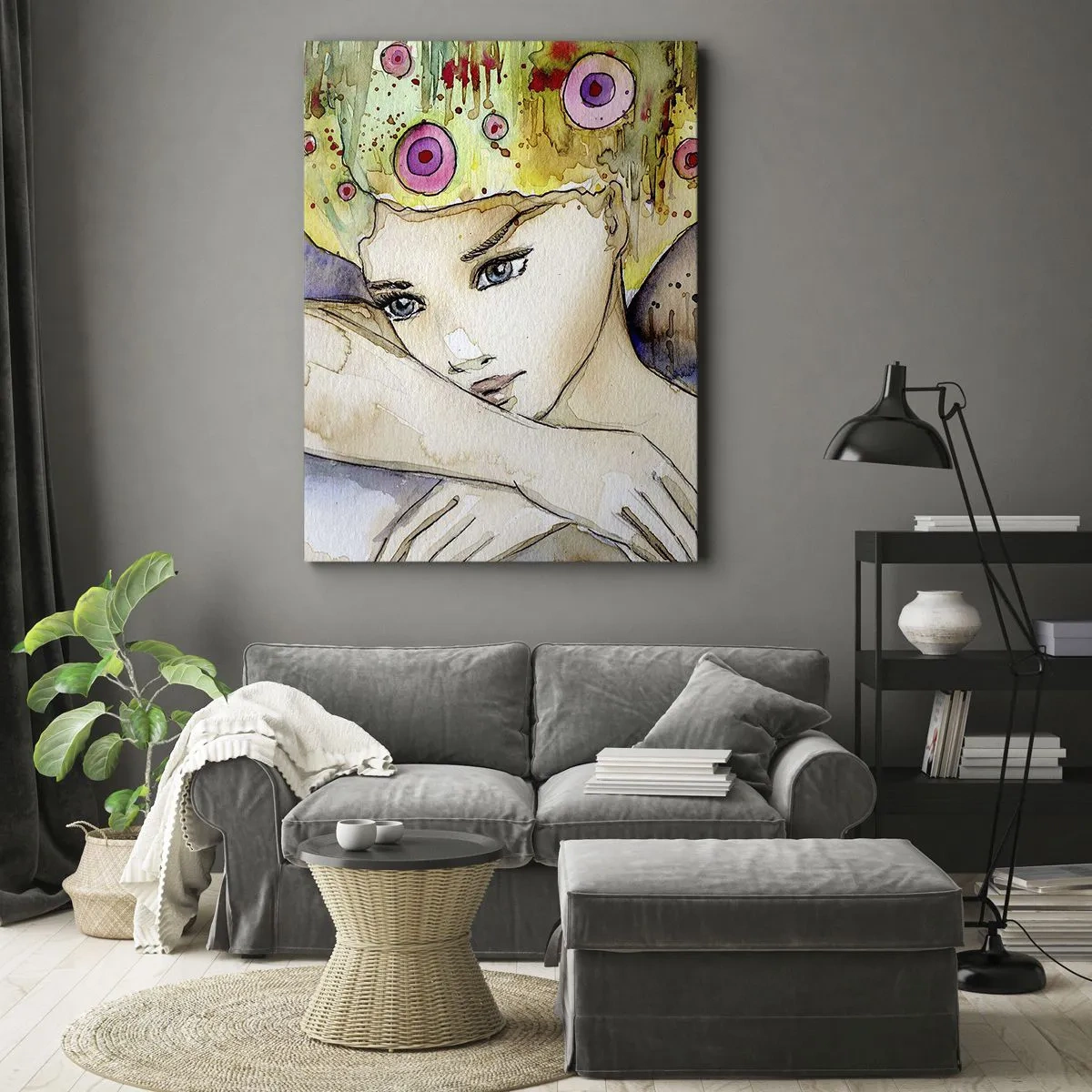 Bild auf Leinwand - Leinwandbild - Eine Frau mit abstrakter Frisur und einem rosa Schmetterling - 50x70cm - Schmetterlingsprinzessin - Moderne Wanddekoration für Wohnzimmer und Schlafzimmer ARTTOR