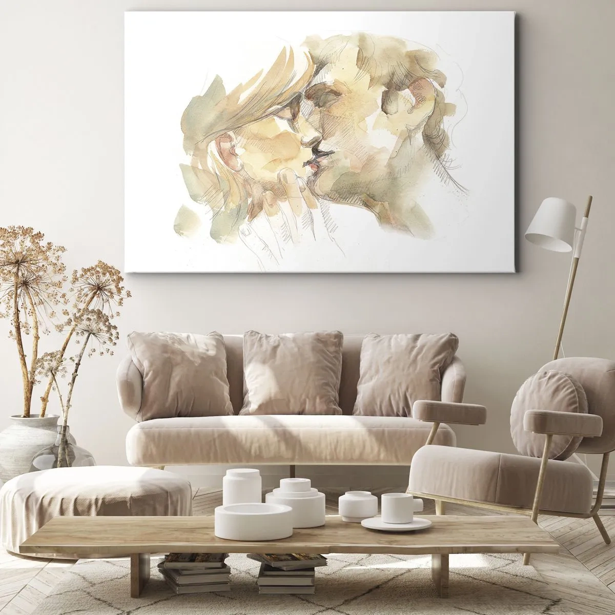 Bild auf Leinwand - Leinwandbild - Romantisches Aquarellporträt eines sich küssenden Paares - 70x50cm - Hälfte gefunden? - Moderne Wanddekoration für Wohnzimmer und Schlafzimmer ARTTOR