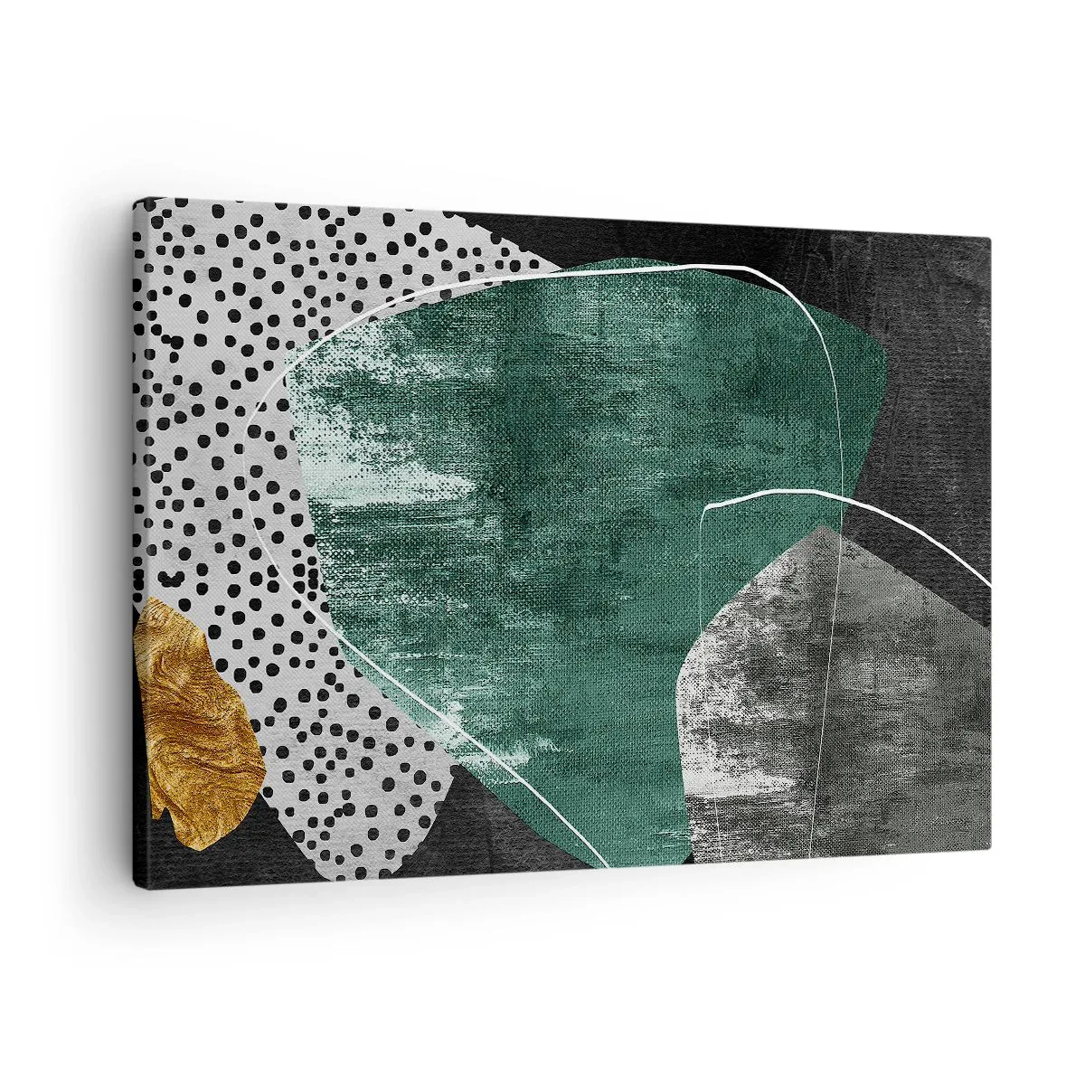 Bild auf Leinwand - Leinwandbild - Abstrakte Komposition mit grünen Formen und Punktmustern - 70x50cm - Bunte Abstraktion mit Blattgold - Moderne Wanddekoration für Wohnzimmer und Schlafzimmer ARTTOR