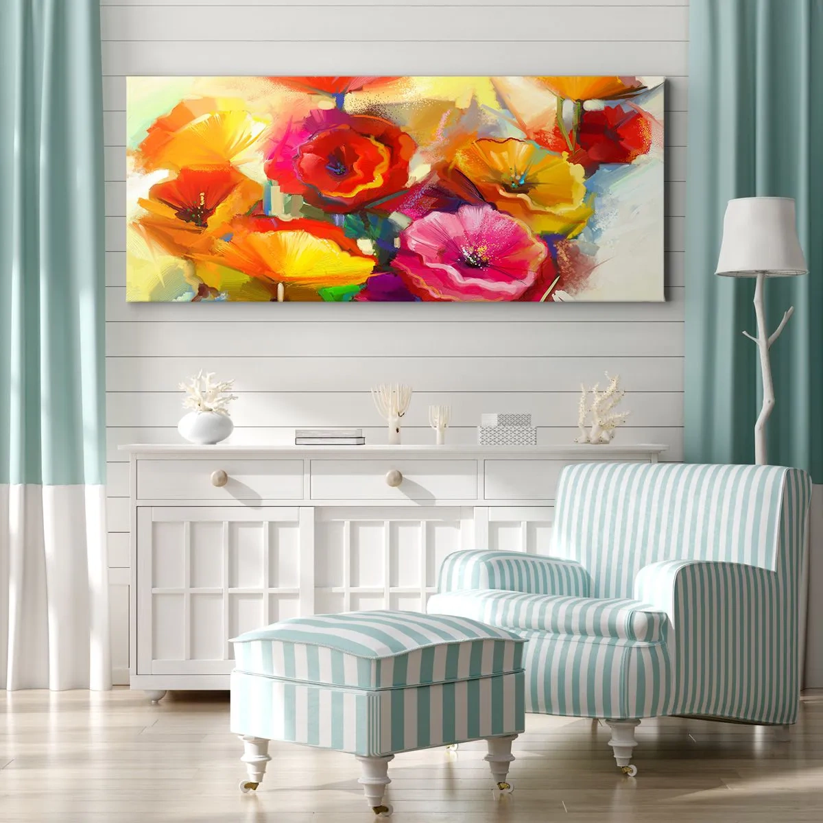 Bild auf Leinwand - Leinwandbild - Bunte abstrakte Blumen auf hellem Hintergrund - 140x50cm - Nicht nur rot - Moderne Wanddekoration für Wohnzimmer und Schlafzimmer ARTTOR