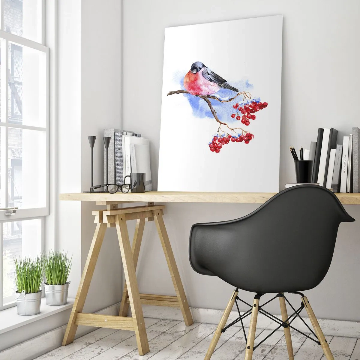 Glasbild - Bild auf glas - Vogel auf einem Zweig mit roten Früchten im Aquarellhintergrund - 70x100cm - Winter in Farbe - Moderne Wanddekoration für Wohnzimmer und Schlafzimmer ARTTOR