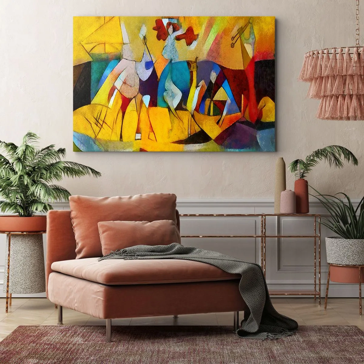 Bild auf Leinwand - Leinwandbild - Eine farbenfrohe Abstraktion, die Figuren in geometrischer Form darstellt - 100x70cm - Sonne - Leben - Freude - Moderne Wanddekoration für Wohnzimmer und Schlafzimmer ARTTOR