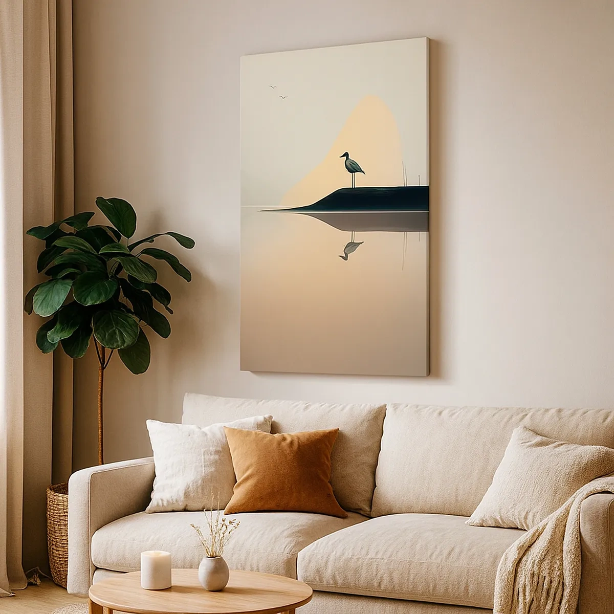 Bild auf Leinwand - Leinwandbild - Ein Vogel auf einer Insel in einem ruhigen See mit warmen Farbtönen - 50x70cm - Herr am See - Moderne Wanddekoration für Wohnzimmer und Schlafzimmer ARTTOR