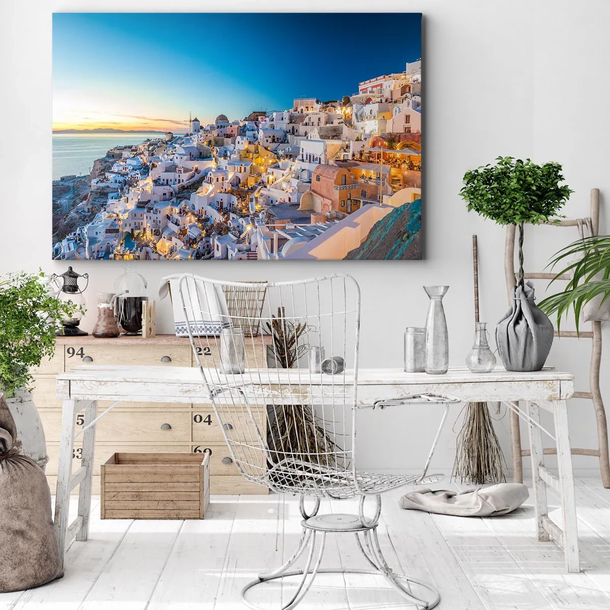 Bild auf Leinwand - Leinwandbild - Blick auf eine griechische Stadt bei Sonnenuntergang - 70x50cm - Die Essenz des Griechischen - Moderne Wanddekoration für Wohnzimmer und Schlafzimmer ARTTOR