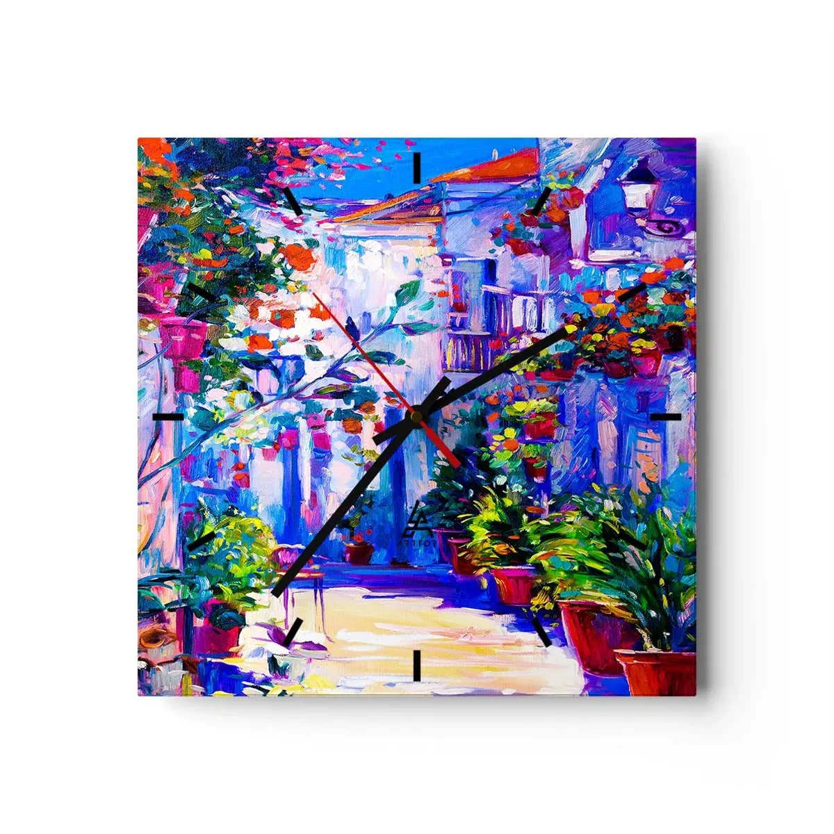 Wanduhr - Glasuhr - Eine bunte Straße voller Blumen - 30x30cm - Impresja - eine italienische Straße - Moderne Wanddekoration für Wohnzimmer und Schlafzimmer ARTTOR