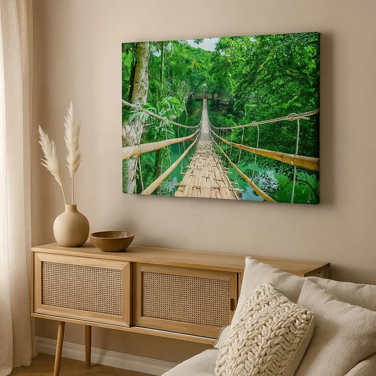 Bild auf Leinwand - Leinwandbild - Eine hängende Bambusbrücke, umgeben von Grün - 70x50cm - Monkey Bridge über das Grün - Moderne Wanddekoration für Wohnzimmer und Schlafzimmer ARTTOR