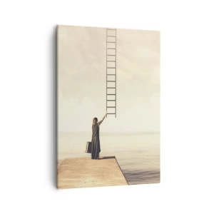 Bild auf Leinwand - Leinwandbild - Eine Frau steht auf einem Pier mit einer Leiter, die in den Himmel führt - 50x70cm - Eine magische Reise - Moderne Wanddekoration für Wohnzimmer und Schlafzimmer ARTTOR