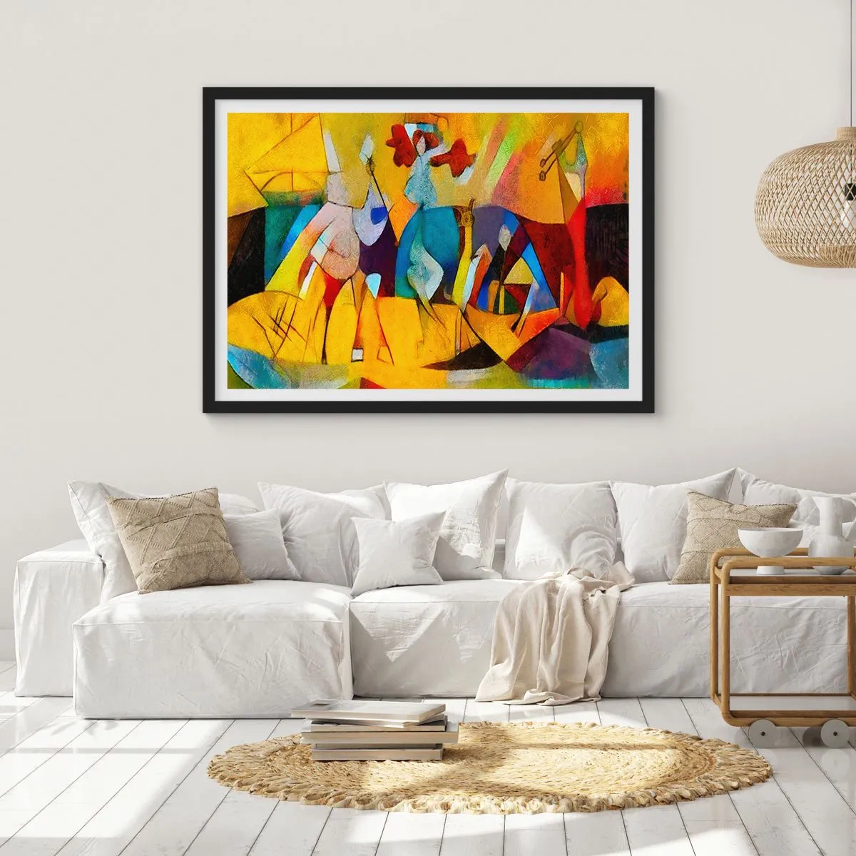Poster in einem schwarzem Rahmen - Eine farbenfrohe Abstraktion, die Figuren in geometrischer Form darstellt - 70x50cm - Sonne - Leben - Freude - Moderne Wanddekoration für Wohnzimmer und Schlafzimmer ARTTOR