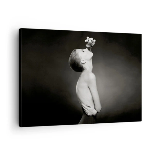Bild auf Leinwand - Leinwandbild - Schwarz-weiße Silhouette einer Frau mit einer Blume - 70x50cm - Exzentrische Eleganz - Moderne Wanddekoration für Wohnzimmer und Schlafzimmer ARTTOR