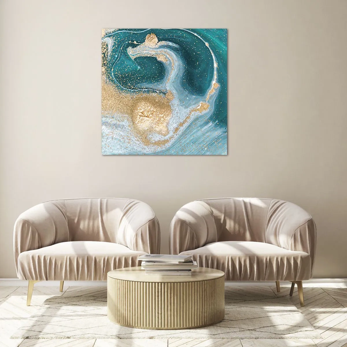 Glasbild - Bild auf glas - Ein Strudel aus Gold und Türkis - 60x60 cm