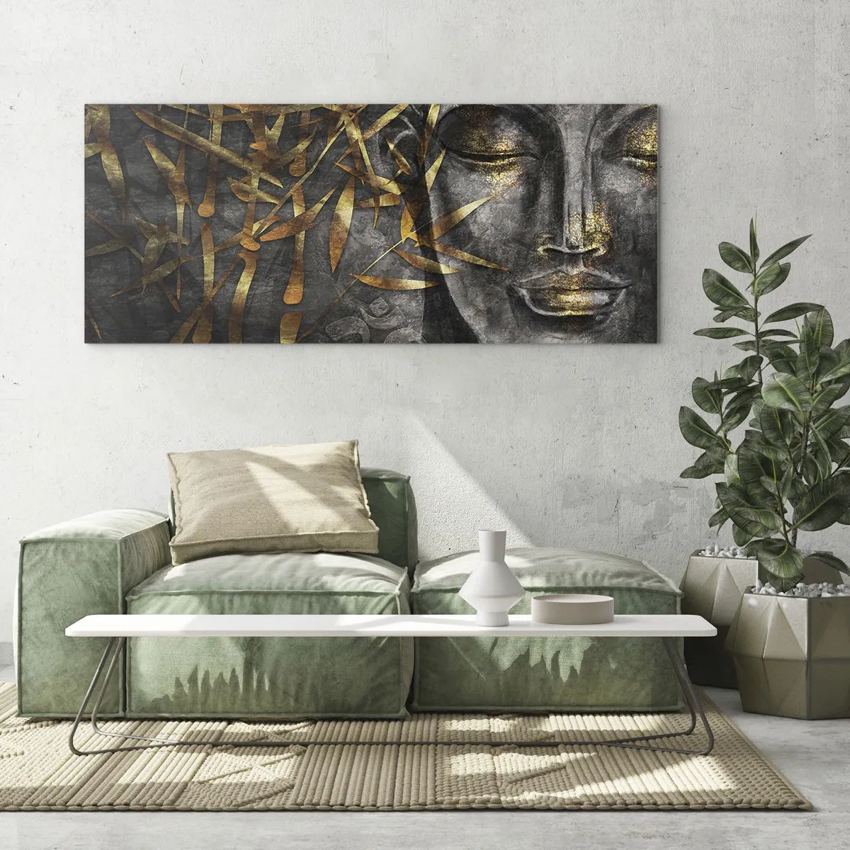 Glasbild - Bild auf glas - Zen-Buddha-Bild mit goldenem Bambus - 140x50cm - Fühle den Frieden - Moderne Wanddekoration für Wohnzimmer und Schlafzimmer ARTTOR