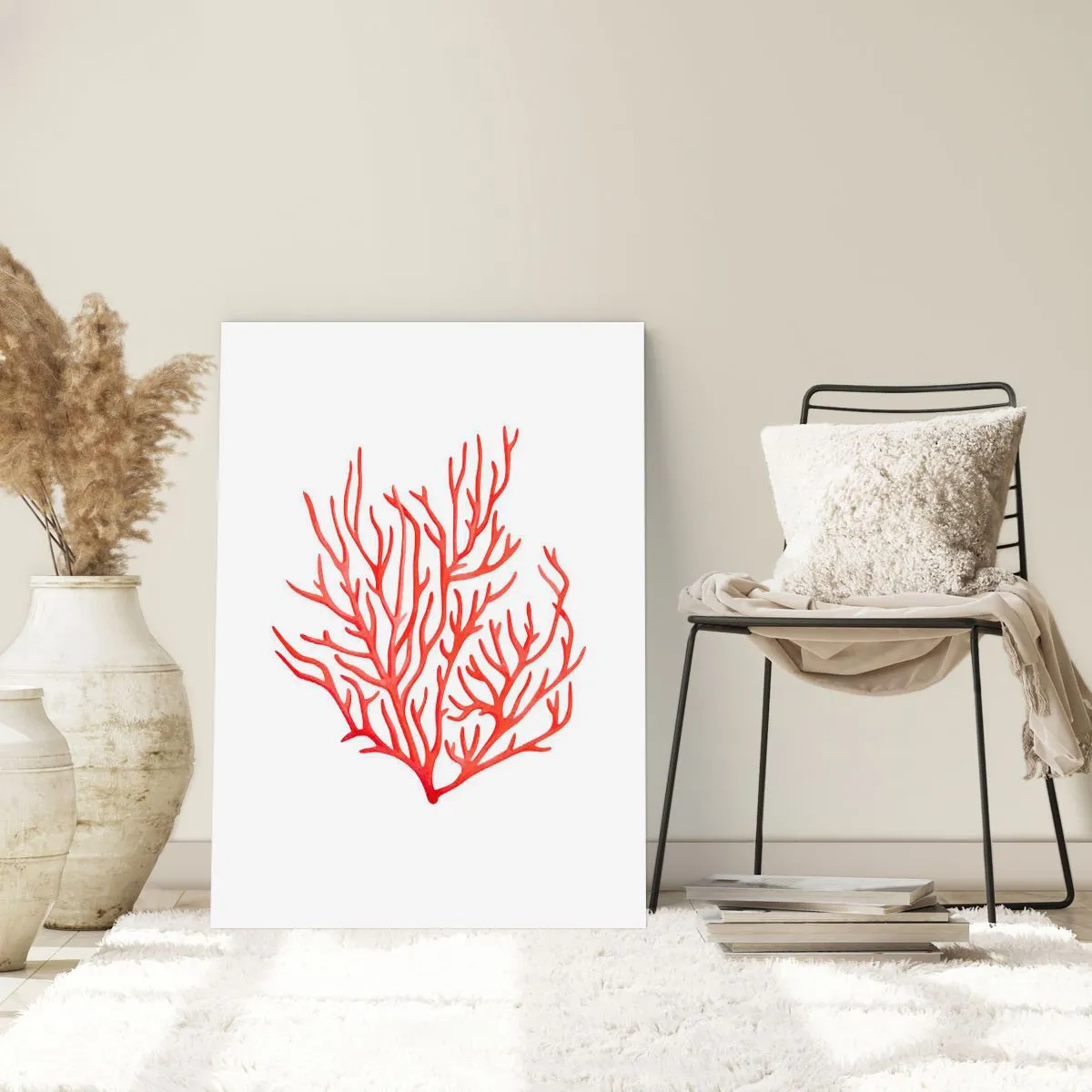 Poster - Rote Koralle auf weißem Hintergrund im minimalistischen Stil - 50x70cm - Korallenfiligran - Moderne Wanddekoration für Wohnzimmer und Schlafzimmer ARTTOR