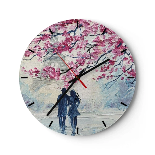 Wanduhr - Glasuhr - Ein romantisches Bild eines Paares unter blühenden rosa Bäumen - 30x30cm - Romantischer Spaziergang - Moderne Wanddekoration für Wohnzimmer, Küche und Schlafzimmer ARTTOR