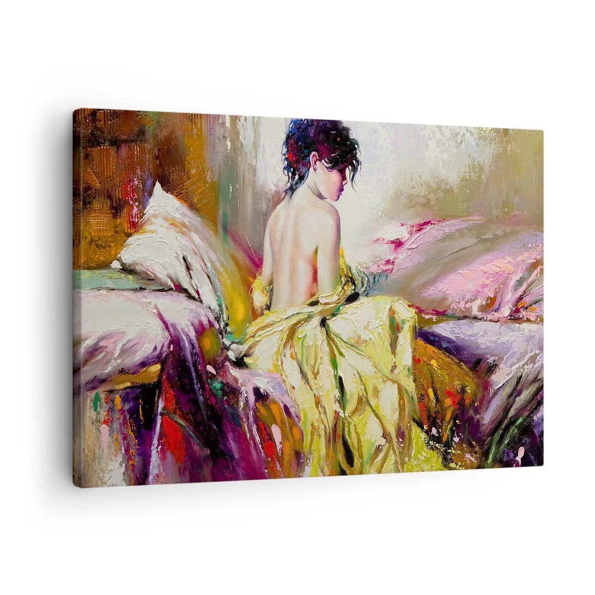 Bild auf Leinwand - Leinwandbild - Eine malerische Szene einer Frau auf einem Bett in romantischer Atmosphäre - 70x50cm - Zwischen den Lippen und dem Rand der Tasse - Moderne Wanddekoration für Wohnzimmer und Schlafzimmer ARTTOR