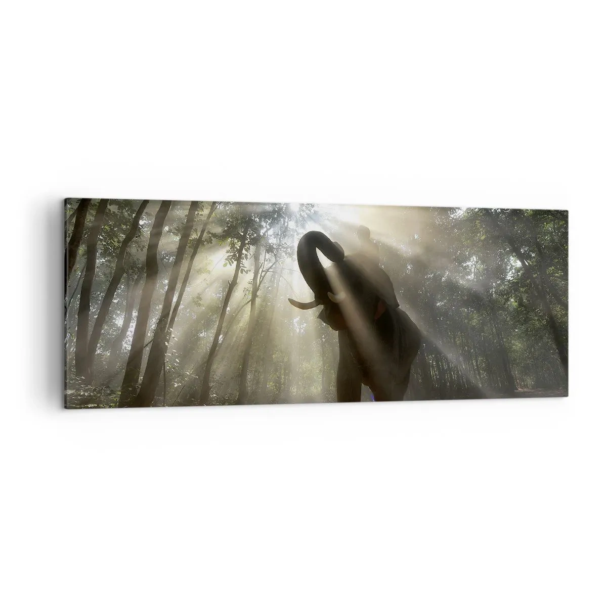 Bild auf Leinwand - Leinwandbild - Ein Elefant im Wald, umgeben von Lichtstrahlen im Morgennebel - 140x50cm - Unter dem Glücksstern - Moderne Wanddekoration für Wohnzimmer und Schlafzimmer ARTTOR