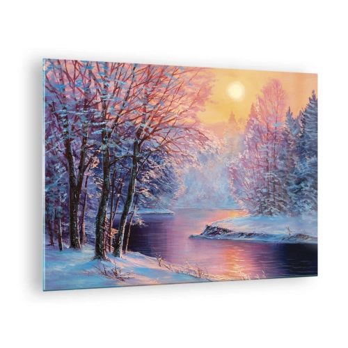 Glasbild - Bild auf glas - Winterlandschaft mit Fluss und Sonnenuntergang - 70x50cm - Die Farben des Winters - Moderne Wanddekoration für Wohnzimmer und Schlafzimmer ARTTOR