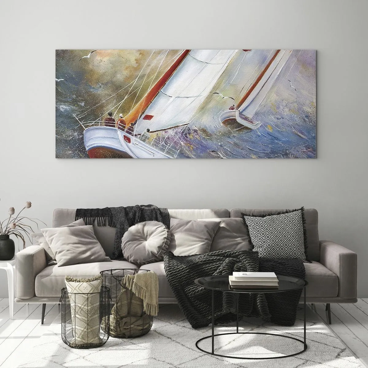 Glasbild - Bild auf glas - Segelboote auf rauen Wellen in einer dynamischen Komposition - 140x50cm - Durch die Wellen laufend - Moderne Wanddekoration für Wohnzimmer und Schlafzimmer ARTTOR