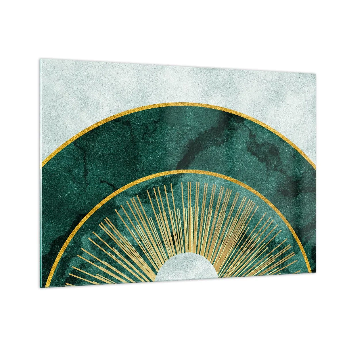 Glasbild - Bild auf glas - Goldene Strahlen vor einem Hintergrund aus grünen Halbkreisen mit Marmorstruktur - 100x70cm - Anderes Sonnensystem - Moderne Wanddekoration für Wohnzimmer und Schlafzimmer ARTTOR