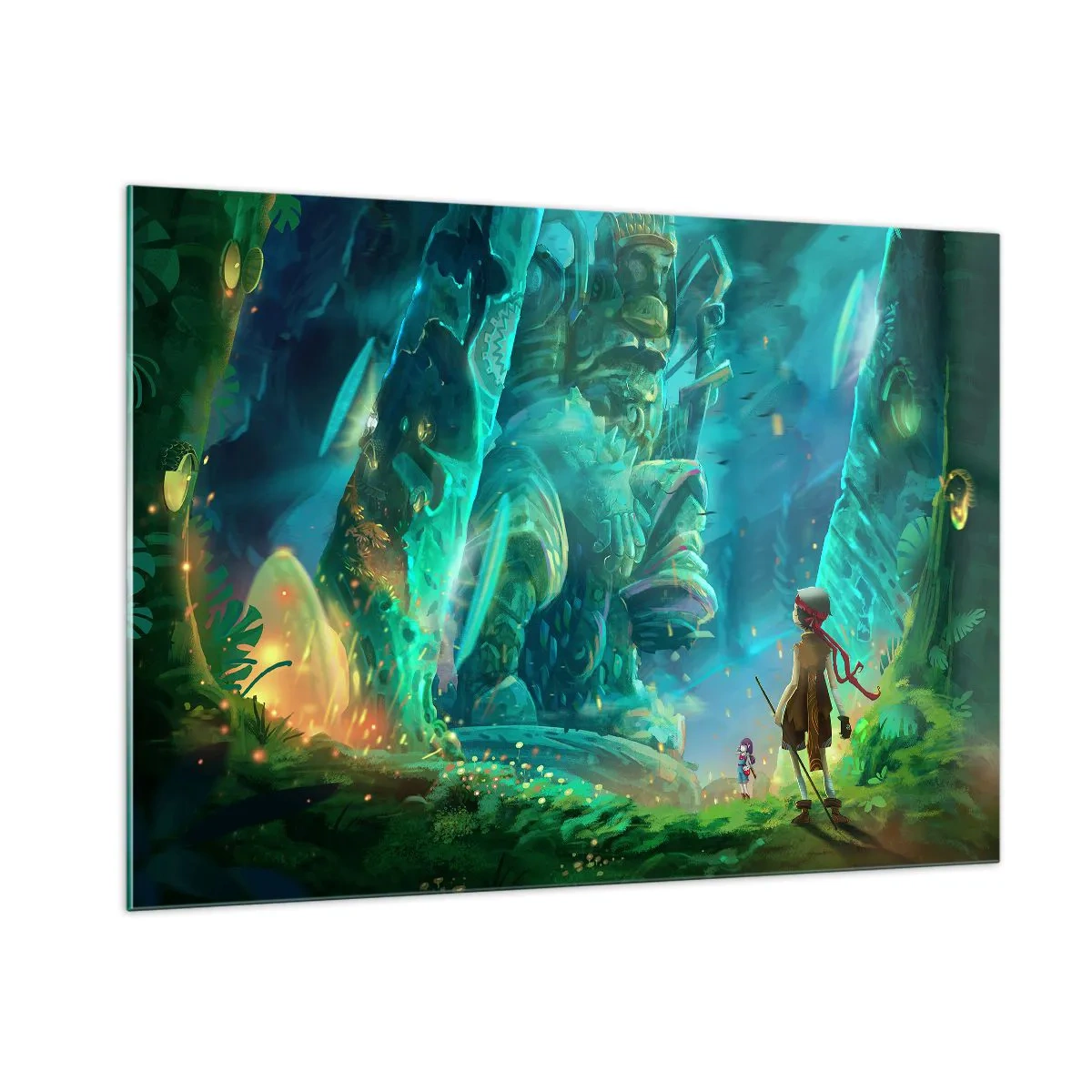 Glasbild - Bild auf glas - Fantasielandschaft mit einer Figur und einer antiken Statue im Wald - 100x70cm - Aus dem großen Märchenbuch - Moderne Wanddekoration für Wohnzimmer und Schlafzimmer ARTTOR