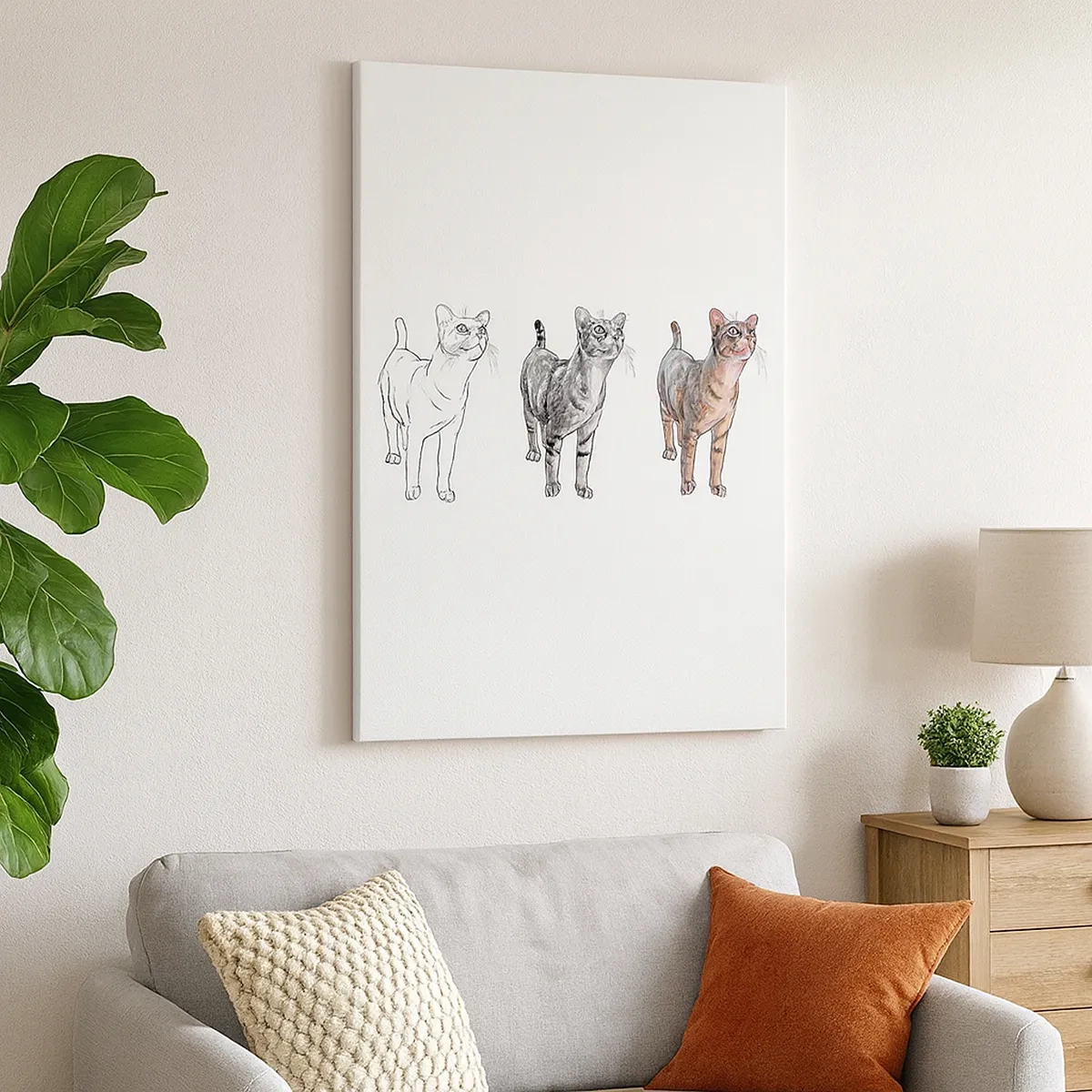 Bild auf Leinwand - Leinwandbild - Die Entwicklung einer Katzenzeichnung von der Skizze zur farbigen Form - 50x70cm - Zeichenunterricht - Moderne Wanddekoration für Wohnzimmer und Schlafzimmer ARTTOR