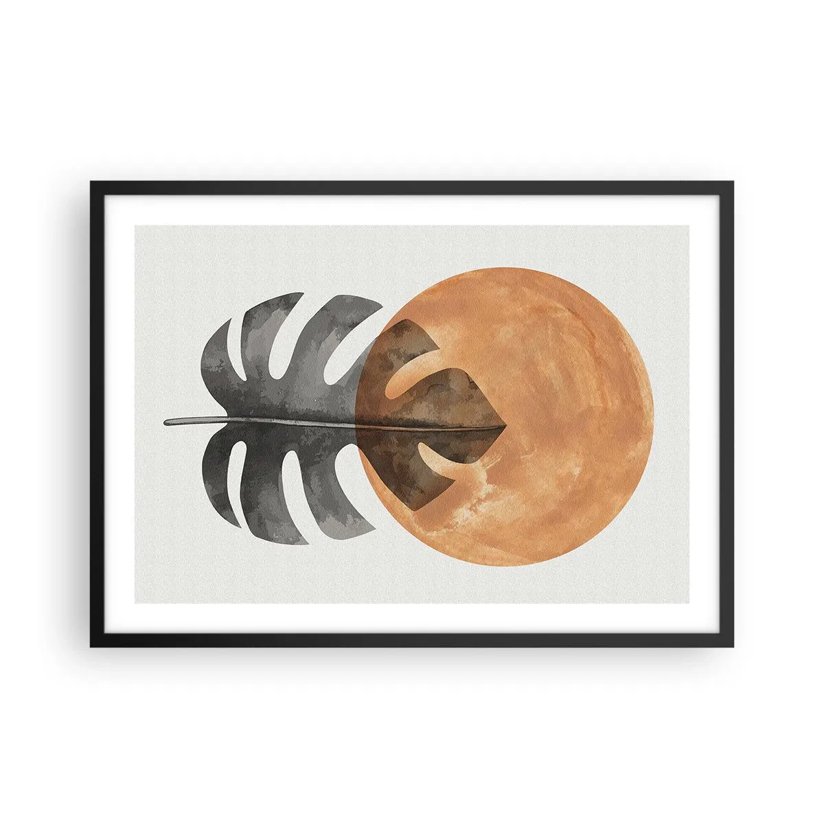 Poster in einem schwarzem Rahmen - Monstera-Blatt und goldener Kreis auf hellem Hintergrund - 70x50cm - Immer die Sonne - Moderne Wanddekoration für Wohnzimmer und Schlafzimmer ARTTOR