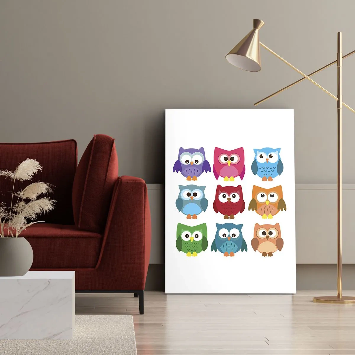 Bild auf Leinwand - Leinwandbild - Bunte Eulenillustrationen im kindlichen Stil - 80x120cm - Es macht Spaß, anders zu sein - Moderne Wanddekoration für Wohnzimmer und Schlafzimmer ARTTOR