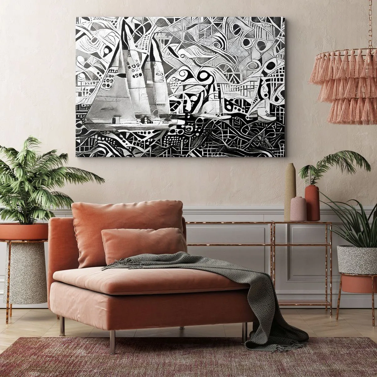 Bild auf Leinwand - Leinwandbild - Abstrakte Segelboote in einer monochromen Komposition - 70x50cm - Zwischen den Wellen - Moderne Wanddekoration für Wohnzimmer und Schlafzimmer ARTTOR